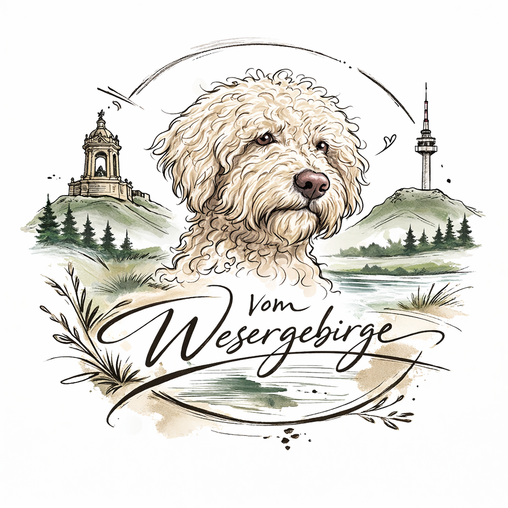 Perros vom Wesergebirge – Spanischer Wasserhund Logo mit Kaiser-Wilhelm-Denkmal